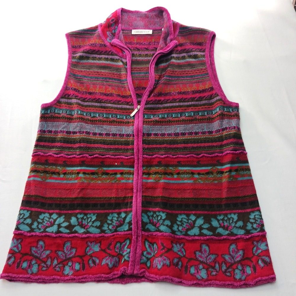 Coldwater Creek Womens L Pink Floral Fair Isle Full Zip Knit Sweater Vest Boho